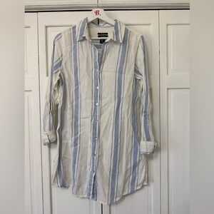 Jones & Co. Blue Striped Full Button Down Knee Length Shirt Dress Beach Linen M